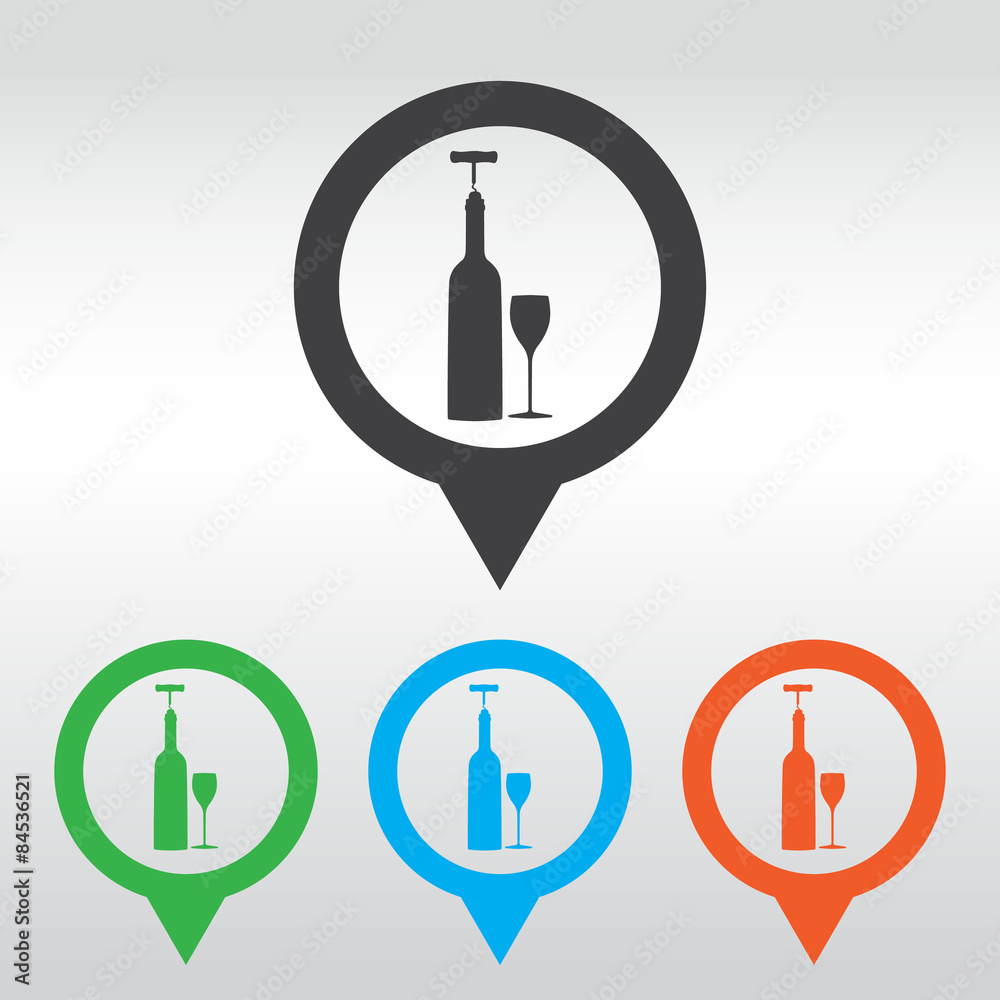 vector icons related to wine including wine bottle, wine glass, corkscrew. icon map pin