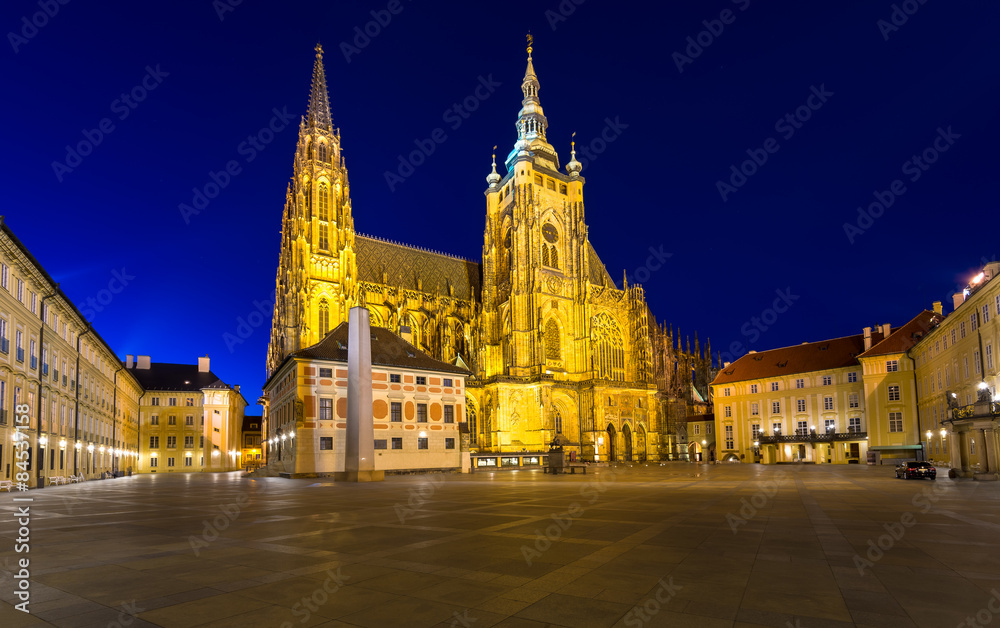 Night view of gothic St. Vitus Cathedral in Prague, Czech Republic