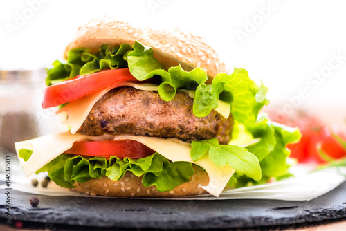 Closeup of Hamburger with Cheese Fresh Vegetables