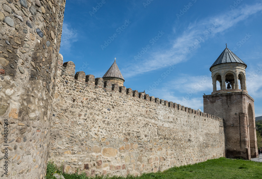 Walls and belltower of Svetitskhoveli (Living Pillar Cathedral) in Mtskheta city, Georgia