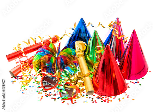 Garlands, streamer, party hats and confetti. Festive decoration