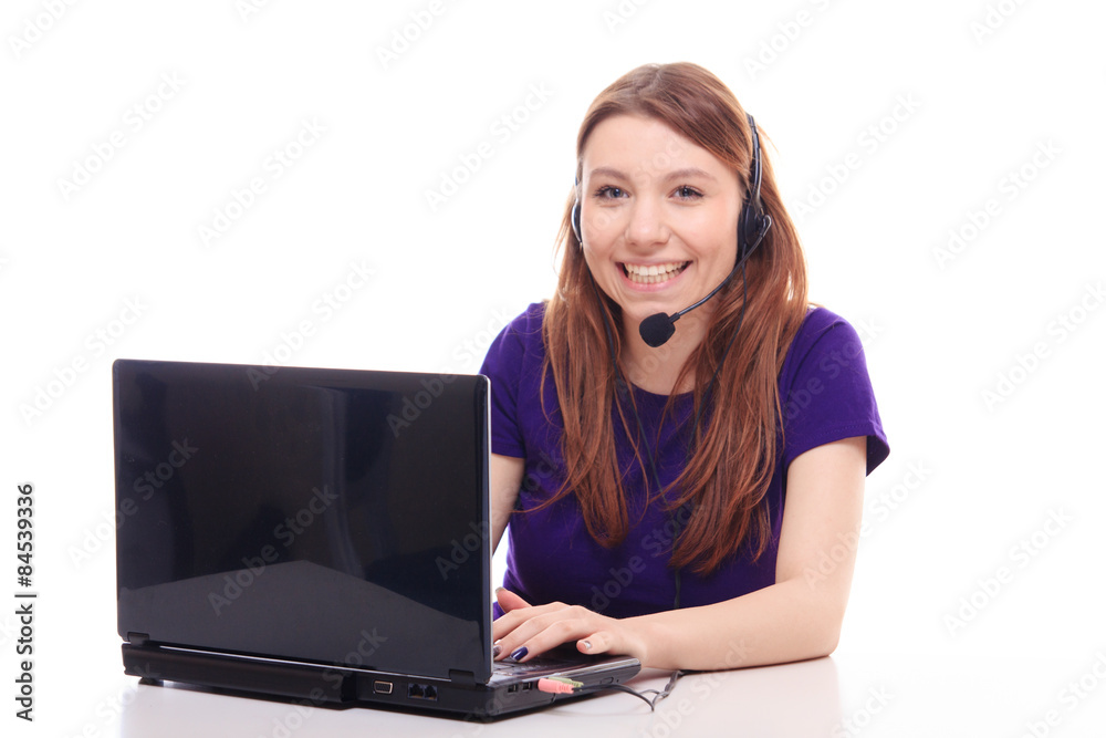 Pretty girl works at the computer Pretty girl works at the computer