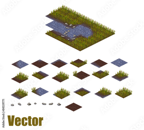 Pixel art river tilesets. Water, grass and land tiles. Vector