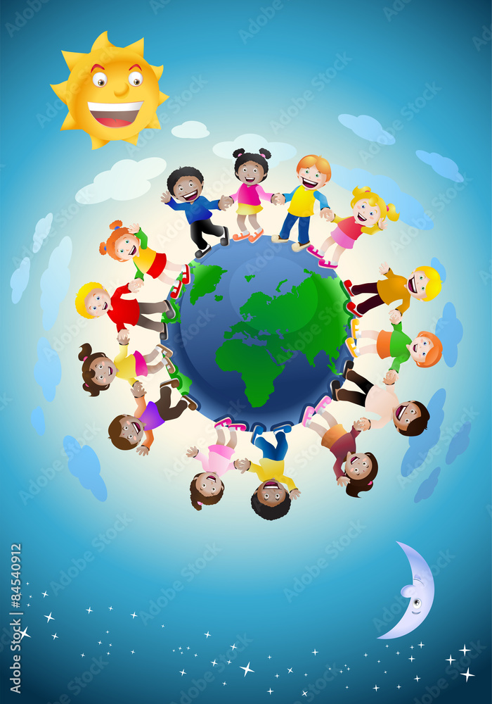 Naklejka premium children holding hands surrounding the globe