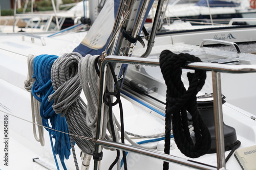 white gray and blue ropes  on the saliboat photo
