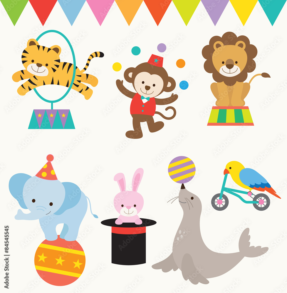 Vector Illustrations of animals perform in circus. Vector Illustrations of animals perform in circus.