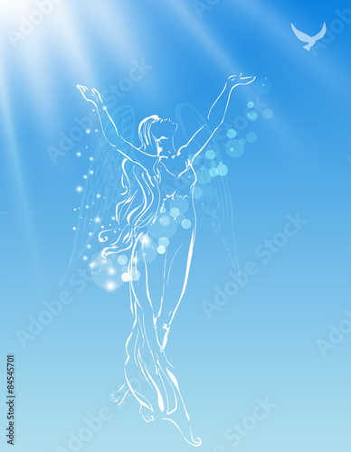 Angelic woman praying and releasing a dove