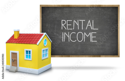 Rental income text on blackboard with 3d house