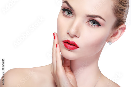 whiteheaded young woman with beautiful red lips on white 