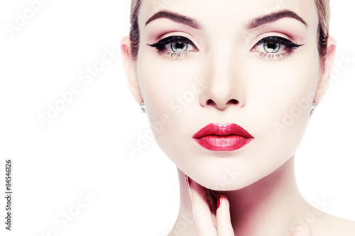 whiteheaded young woman with beautiful red lips on white 