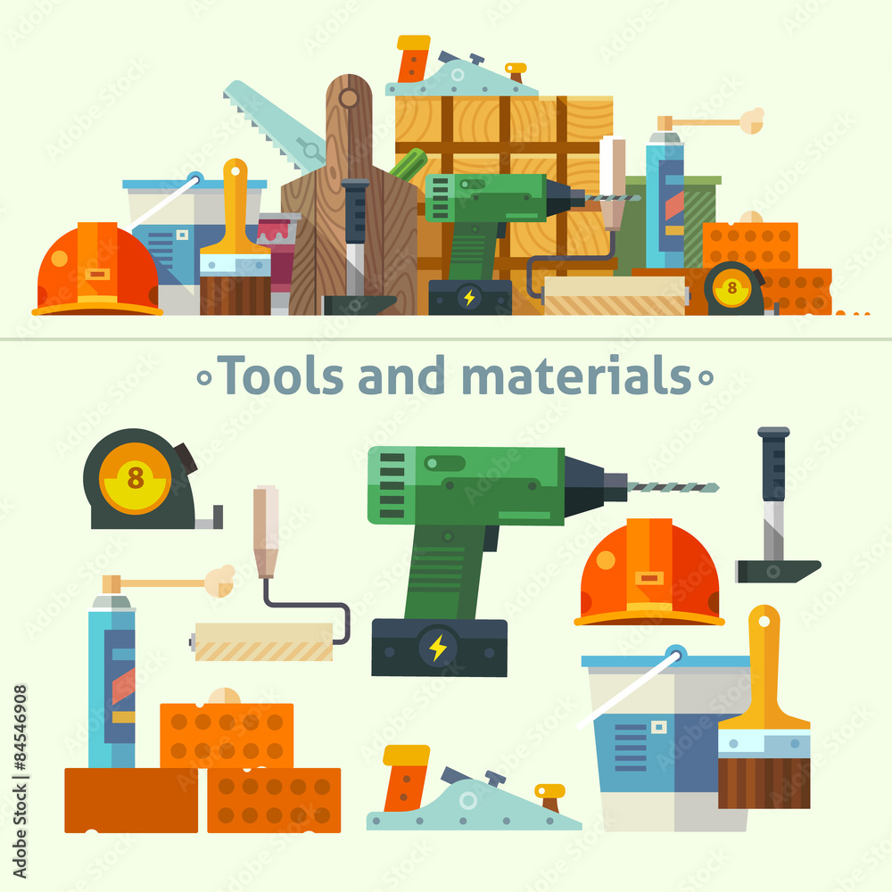 Vector color flat illustrations tools and materials for the repair and construction