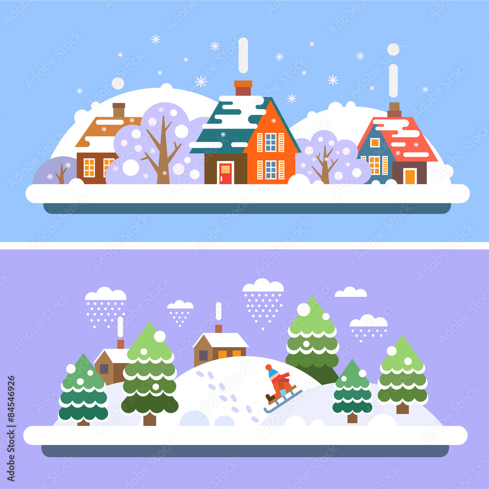 Winter village landscapes. House and the forest. Sledging. Snowfall. Vector Flat illustrations
