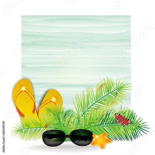 Hintergrund mit Palmen und Strandutensilien 