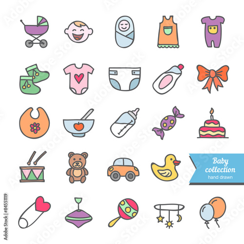Set of vector hand drawn baby icons: clothes, toys, food