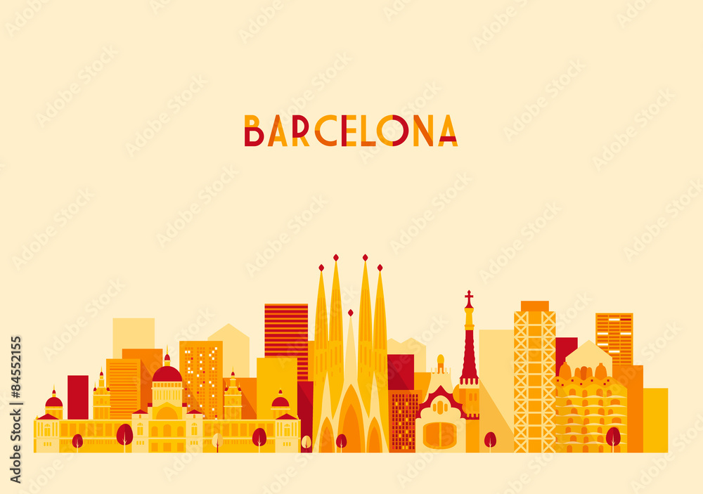 Barcelona Spain Big City Skyline Vector Flat Style - obrazy, fototapety, plakaty 
