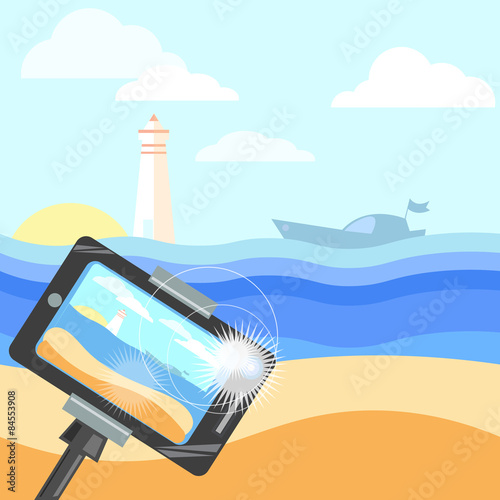 Monopod for selfie,beach and the sea, travel and tourism