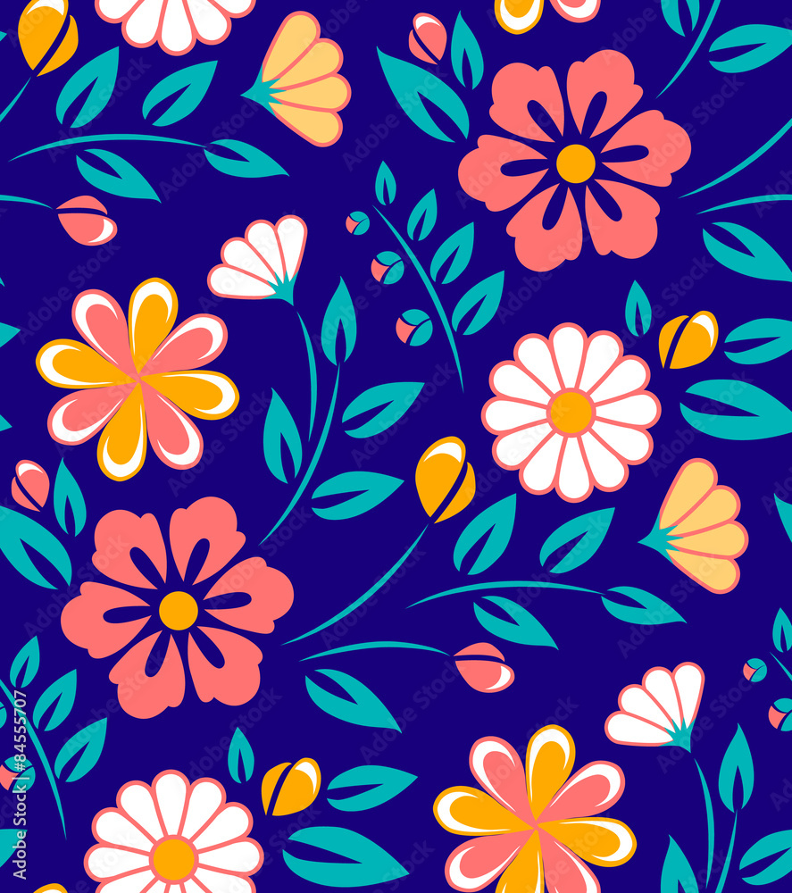 Seamless spring flower pattern on blue background.
