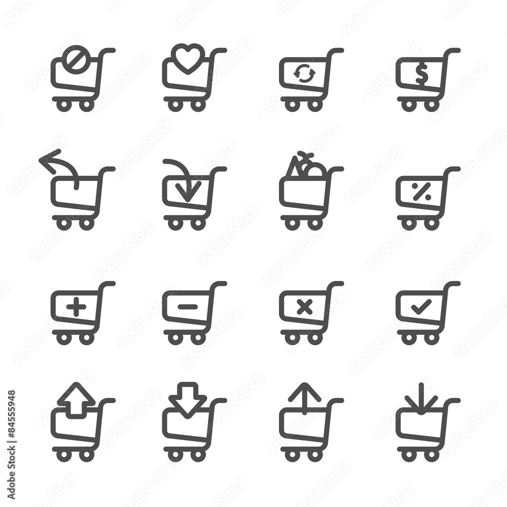 shopping cart icon set in action, line version, vector eps10