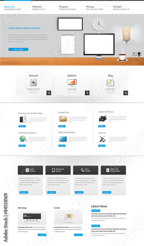 Office scene one page website design template. 