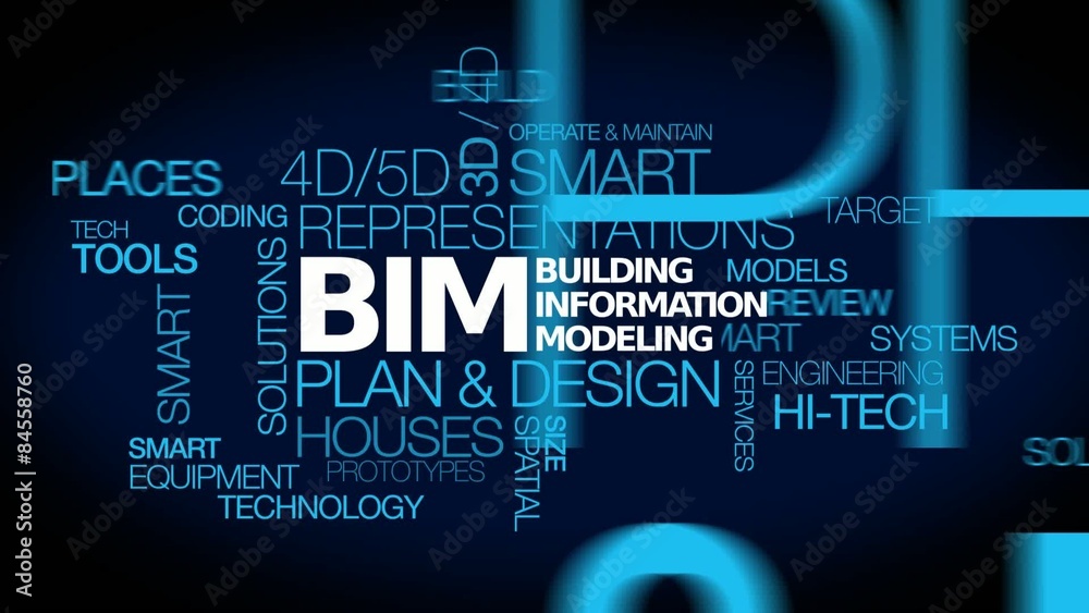 Building information modeling (BIM) words tag cloud text animation