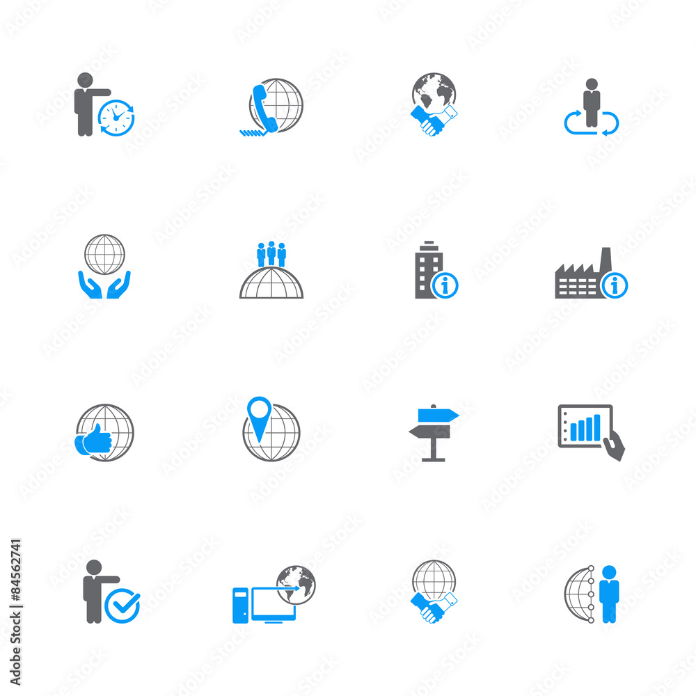 Set of 16 flat, gray and blue ,business related icons Set of 16 flat, gray and blue ,business related icons