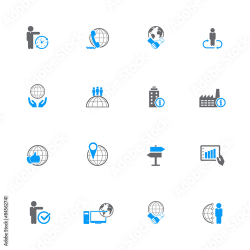 Set of 16 flat, gray and blue ,business related icons