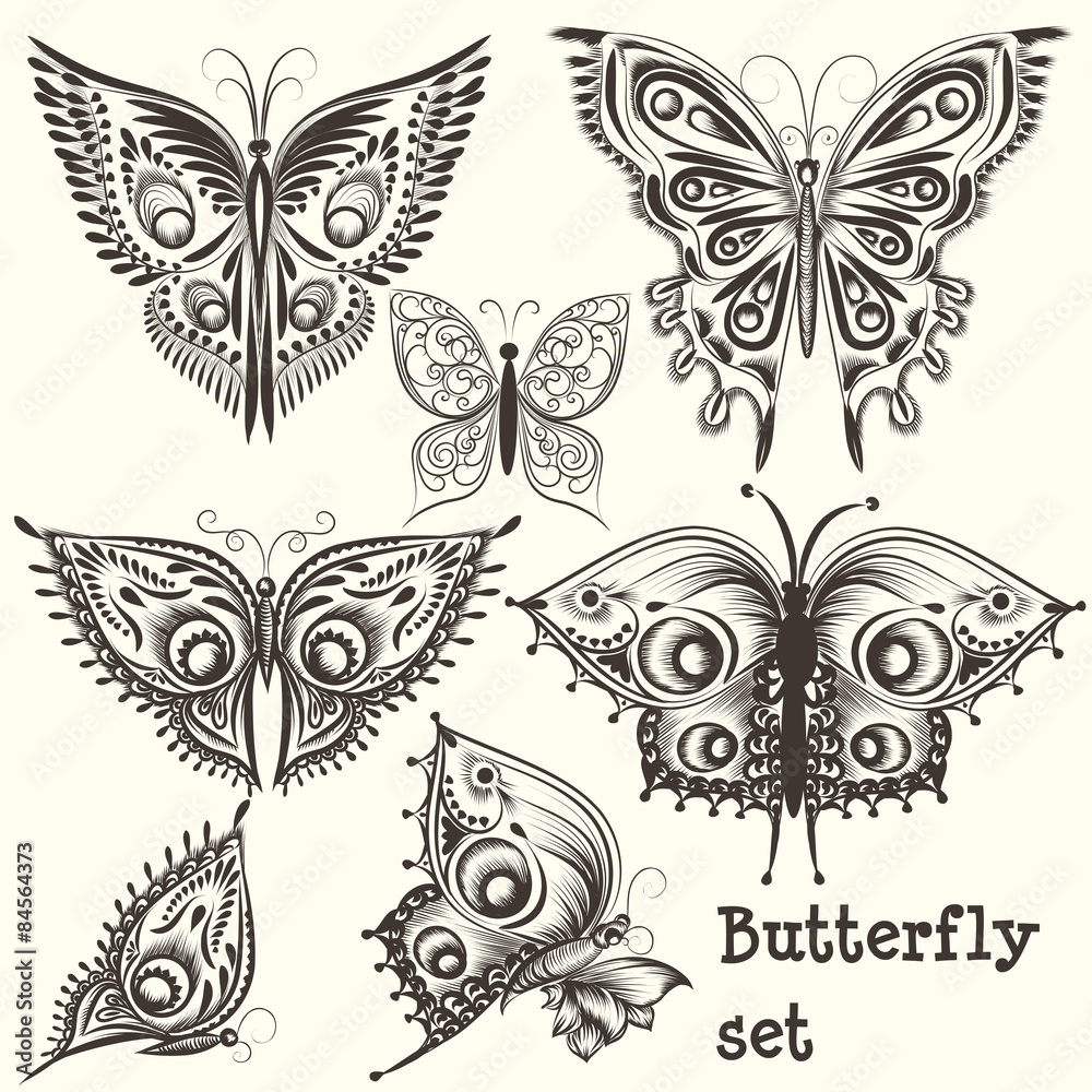Fototapeta premium Vector set of filigree beautiful butterflies for design