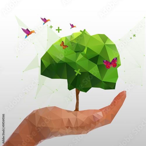 Illustration of geometric polygonal tree in hand 