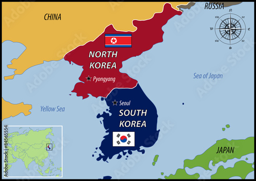 Map of Location of Korea and Flags
