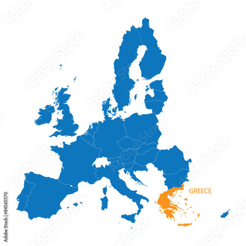 blue map of European Union with indication of Greece