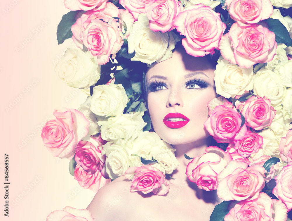 Portrait of beauty sexy model girl with roses hairstyle Portrait of beauty sexy model girl with roses hairstyle