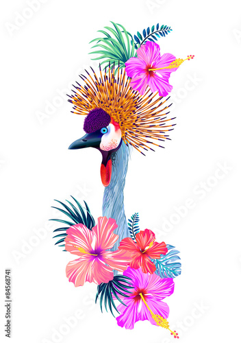 crowned crane vector illustration with tropical flowers