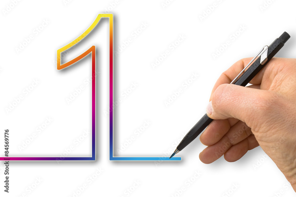 Hand male draw the number one on paper