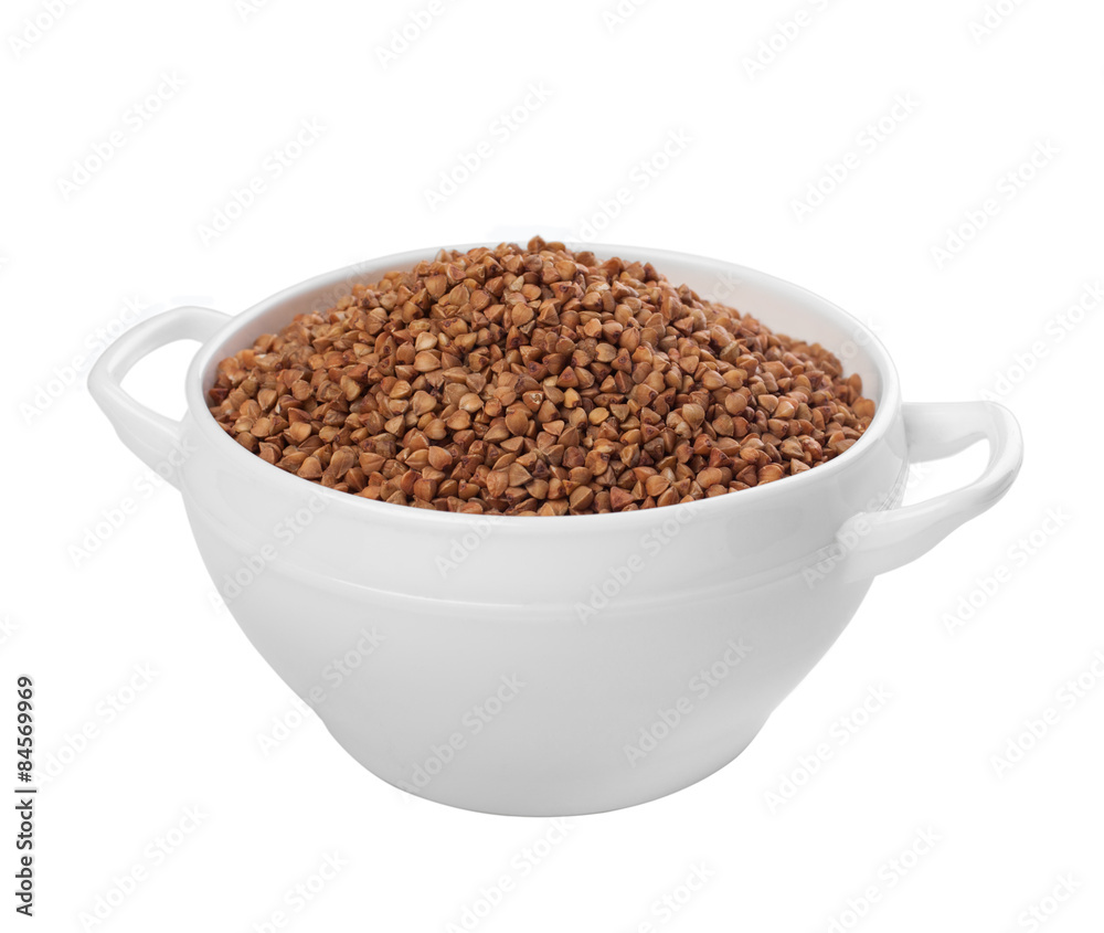 Ceramic bowl with buckwheat on white. Ceramic bowl with buckwheat on white.