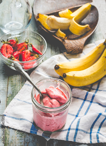 strawberry-banana ice cream in a glass, healthy dessert, summer