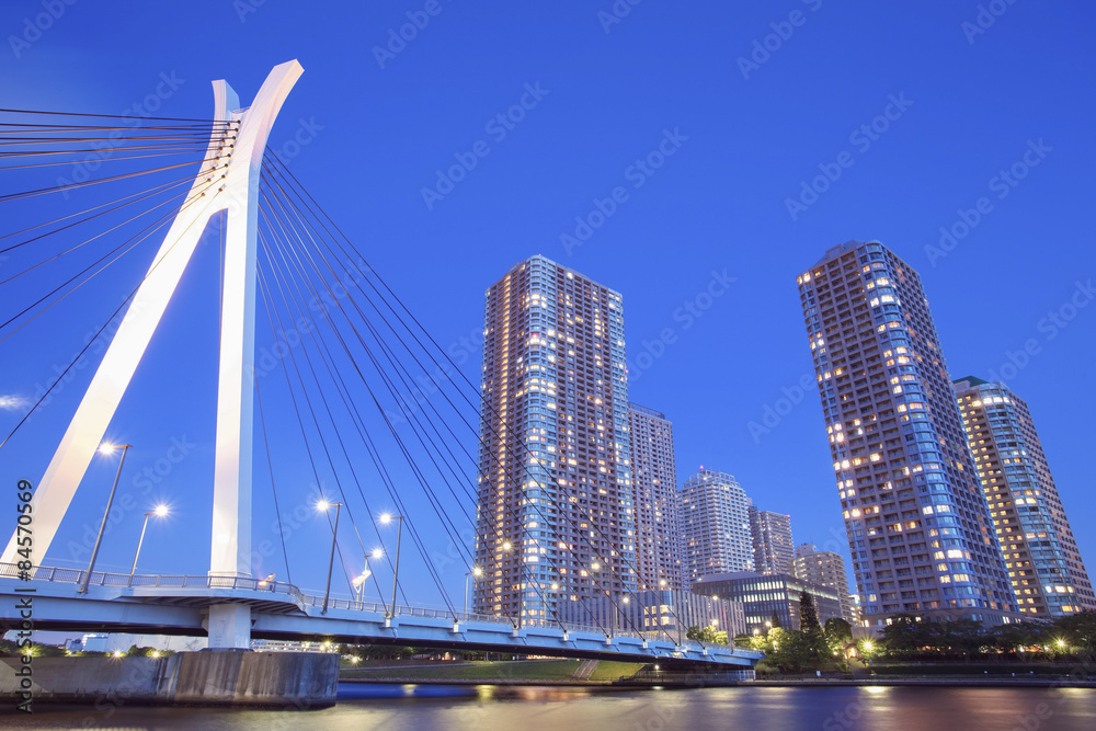 Tokyo city view with highrise building and sumida river in evening
