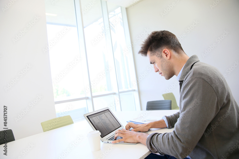 Businessman using laptop in contemporary working room Businessman using laptop in contemporary working room