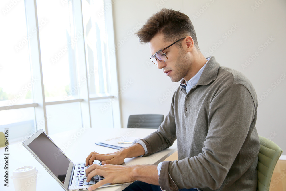 Businessman using laptop in contemporary working room