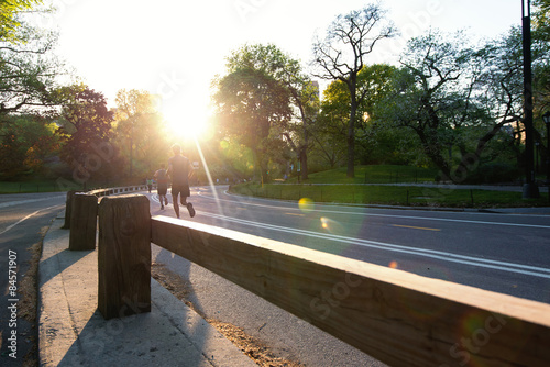 People enjoying outdoor activities in Central Park at sunset. Ne