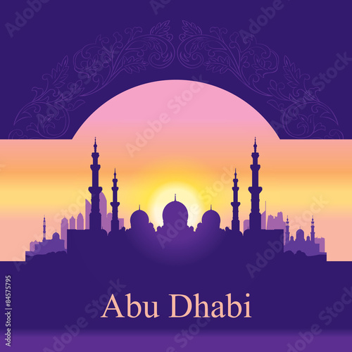 Abu Dhabi skyline silhouette background with a Grand Mosque