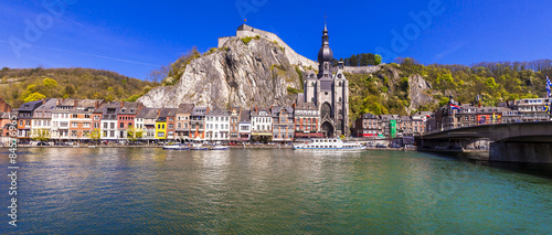 Dinant Belgium High Resolution Panorama of Scenic Cityscape with Collegiate Church of Notre Dame and Citadel on Rock over Meuse River Traditional Ardennes Architecture Belgian Travel Landmark View
