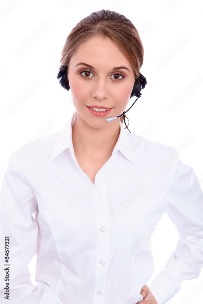 Portrait of smiling cheerful young support phone operator in headset, isolated over white background Portrait of smiling cheerful young support phone operator in headset, isolated over white background