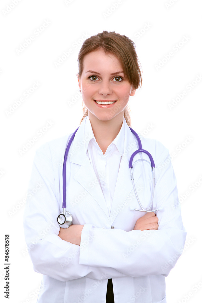 Friendly smiling young female doctor, isolated over white background Friendly smiling young female doctor, isolated over white background