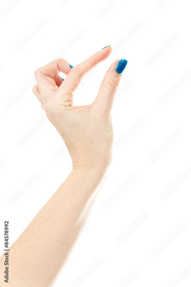 Isolated female hand pinch to zoom gesture Isolated female hand pinch to zoom gesture