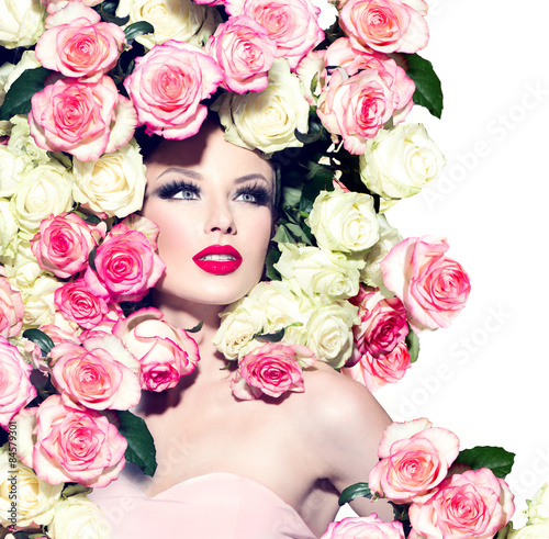 Sexy model girl with pink and white roses hairstyle