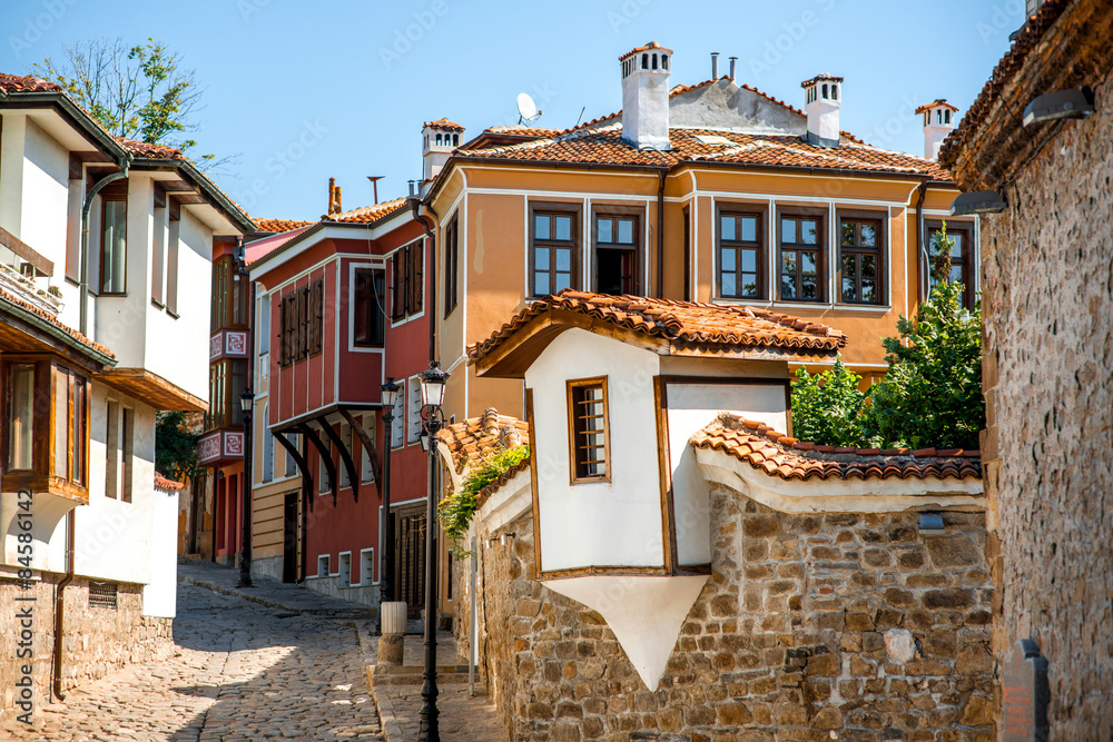 Old city street view in Plovdiv - obrazy, fototapety, plakaty 