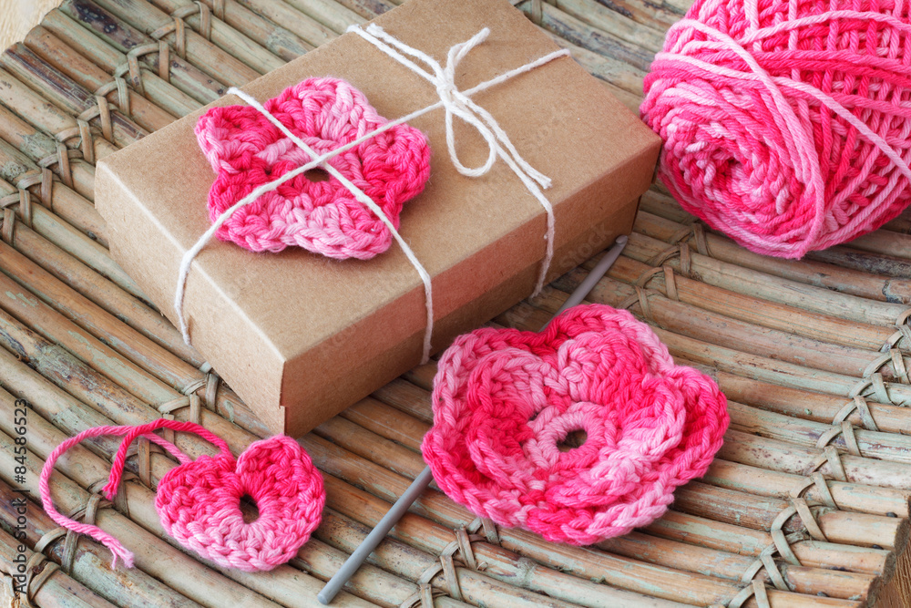 Handmade pink crochet flowers and heart for gift