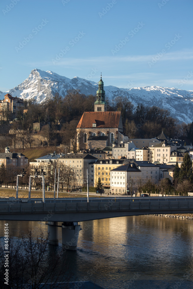 Church in Salzburg with the Alps, Austria, 2015