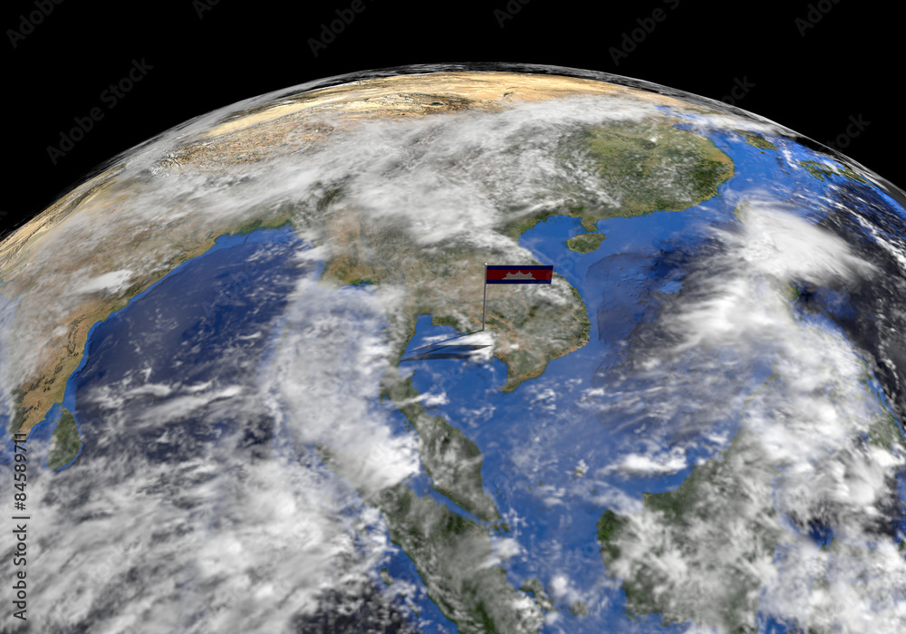 Cambodia flag on pole on earth globe illustration - Elements of this image furnished by NASA