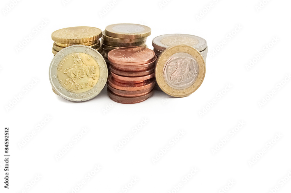Stack of Greek Euro coins in white background Stack of Greek Euro coins in white background